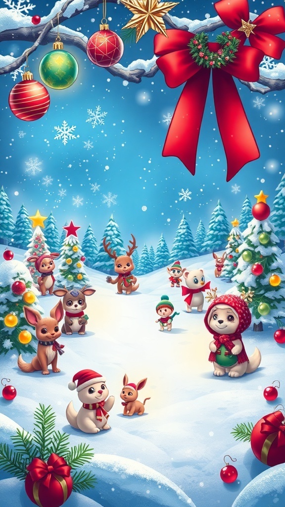 Kny Christmas 2023 background with snowy landscape, Christmas trees, and anime characters in festive attire.